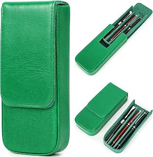 Top Grain Genuine Leather 3 Pen/Pencil Tray Case Holder, Minimalist Fashion Design, Handmade, Magnetic Closing with Drawer Design, Gift Choice for Man/Woman/Office, Glossy Green, 3 Slots