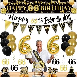 66th Birthday Decorations for Men, Black Gold 66th Party Decorations | 27pcs Happy 66th Birthday Set: Banner, Honeycomb Table, Hanging Swirl, Balloon, Cake Topper, 66 Years Old Bday Decorations
