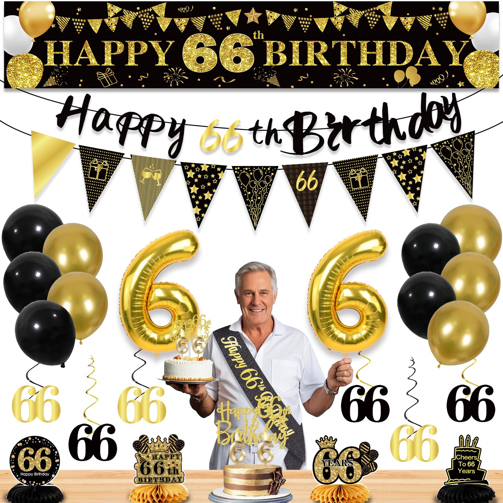 66th Birthday Decorations for Men, Black Gold 66th Party Decorations | 27pcs Hap