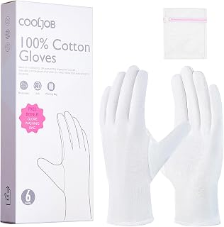 COOLJOB 6 Pairs 100% Cotton Gloves For Dry Hands & Eczema, White, Size M | Breathable Cotton Gloves For Sleeping, Spa Lotion For Dry Hands & Eczema, Thin Unisex Overnight Moisturizing Fabric
