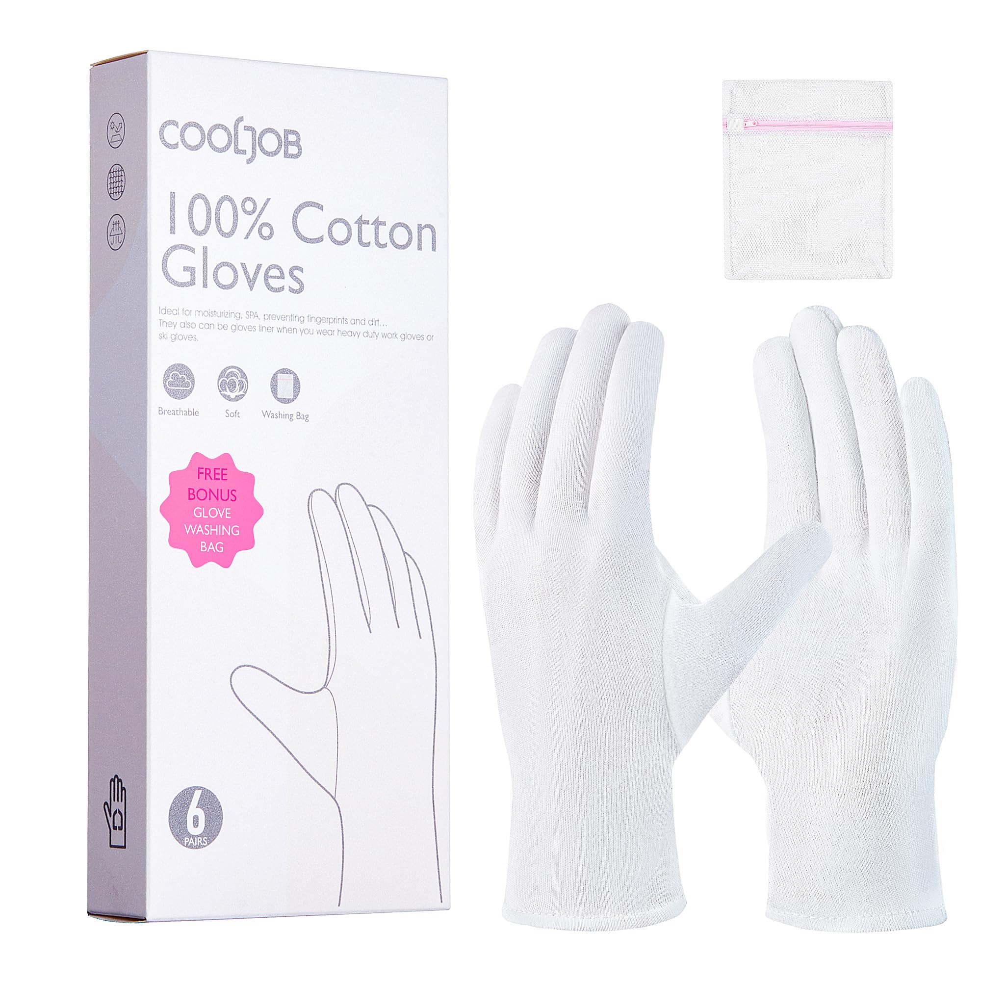 COOLJOB 6 Pairs 100% Cotton Gloves For Dry Hands & Eczema, White, Size M | Breat