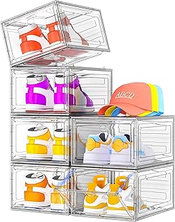 Thickened Clear Shoe Storage Organizer with Magnetic Door, 6 Pack, White | Stackable Shoe Box, Foldable Space-Saving Shoe Rack for Sneakers & Boots, Virgin Material, Not Recycled Plastic for Household