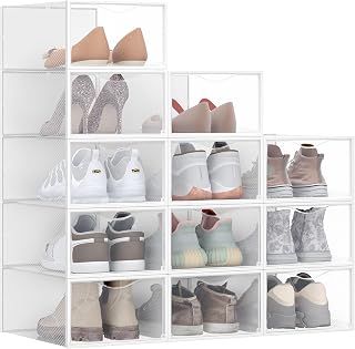 SONGMICS 12 pcs Clear Shoe Boxes, Easy Assembly, Fit up to UK Size 9, White