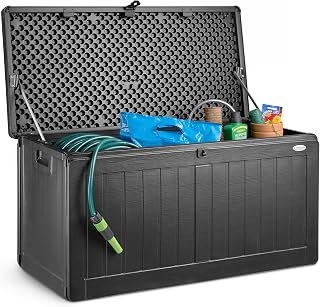 CHRISTOW Waterproof Garden Storage Box, 190L | Durable Polypropylene, Lockable Lid, Aluminium Sliding Hinges, Wood Grain Effect, Side Handles, L96cm x W45.7cm x H49.3cm