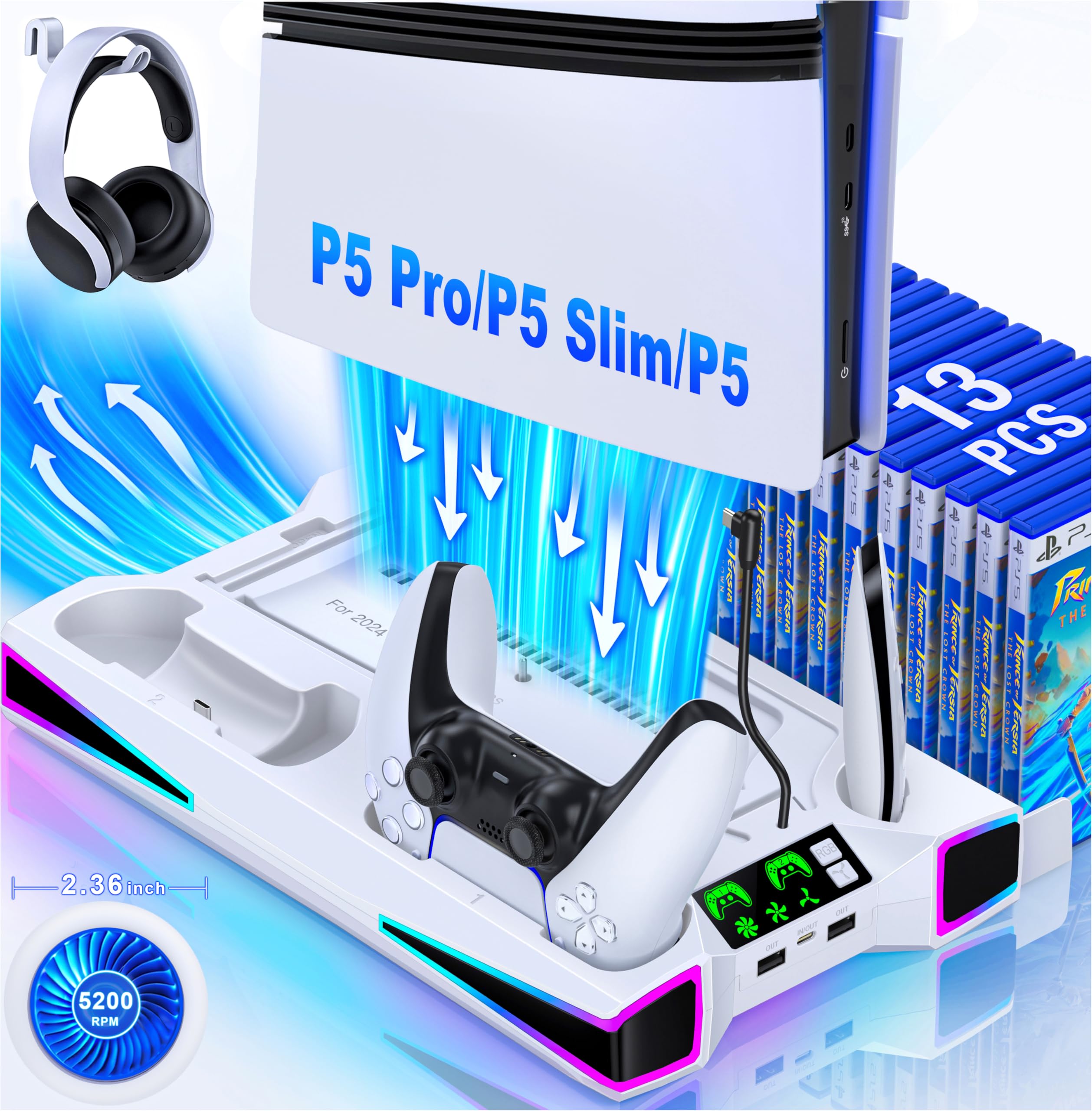 LIFUFUTEE PS5 Stand, PS5/Slim/Pro Cooling Station with 2.36in Cooling Fan, Contr