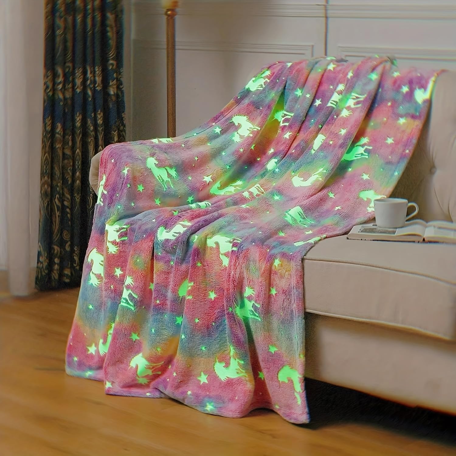 Glow in The Dark Unicorn Blanket for Girls | Soft Flannel Plush, Rainbow Horse T