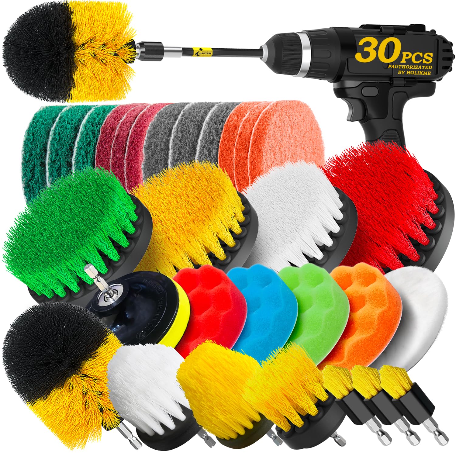 Holikme 30Piece Drill Brush Attachment Set - Power Scrubber Cleaning Kit | Buffi