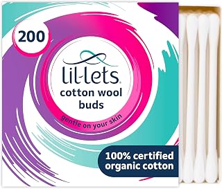 Lil-Lets Cotton Wool Buds, Certified Organic, 100% Pure Cotton Wool Tips, Durable Paper Stems, Plastic Free Cotton Buds, Dermatologically Tested, Pack of 200
