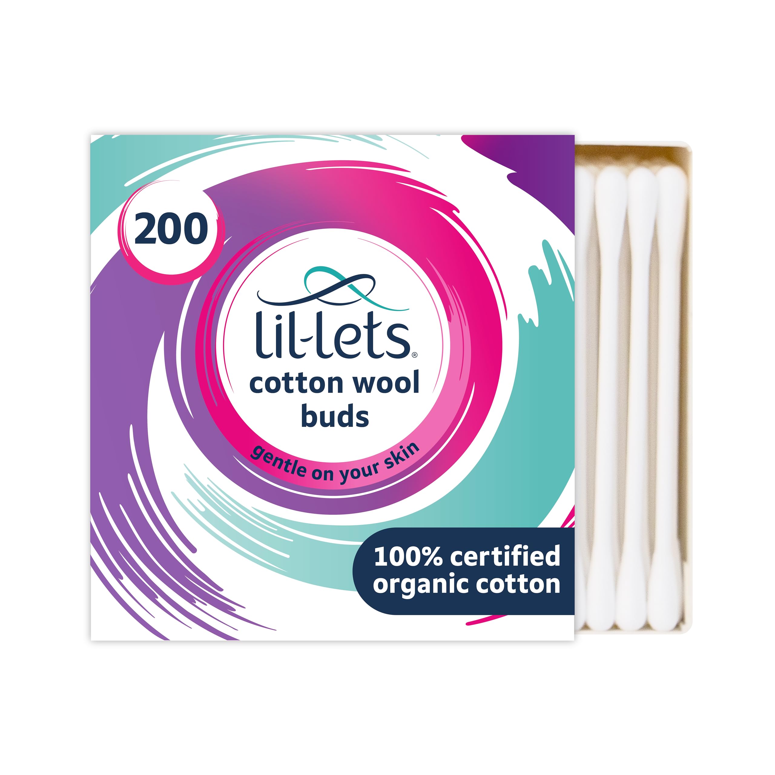 Lil-Lets Cotton Wool Buds, Certified Organic, 100% Pure Cotton Wool Tips, Durabl
