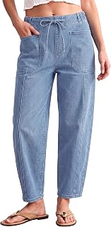 luvamia Barrel Jeans Women Trendy High Waisted Pull On Drawstring Elastic Waist Stretchy Denim Baggy Pants with Pocket