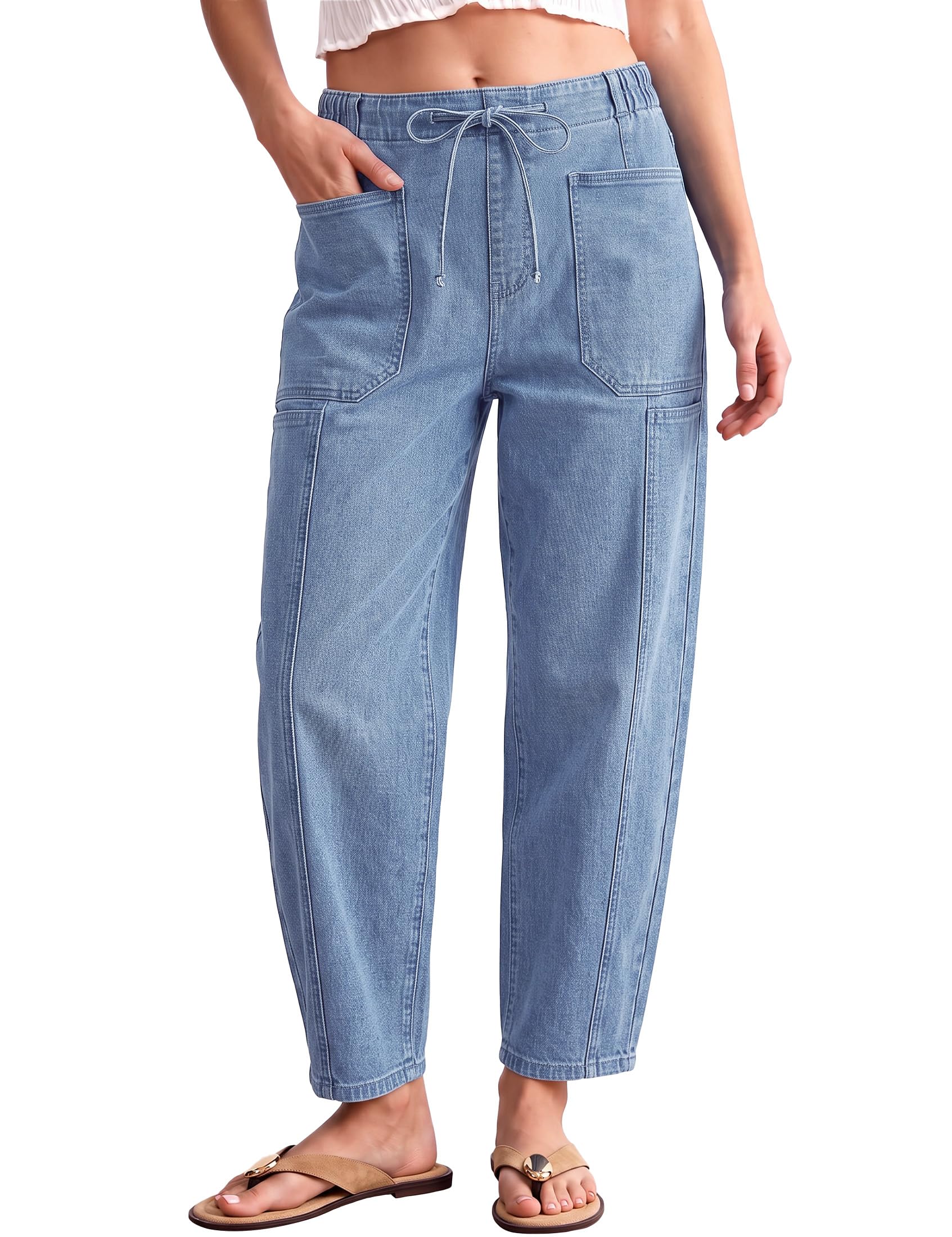 luvamia Barrel Jeans Women Trendy High Waisted Pull On Drawstring Elastic Waist 