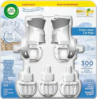 Airwick Scented Oil Crisp Linen, Infused with natural Essential Oils, 2 Warmers/Diffuseurs+5 Refills/Recharges Total 100ml.
