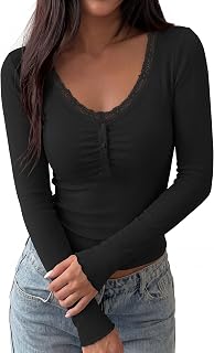 PRETTYGARDEN Top da donna a maniche lunghe autunnale in pizzo con scollo a V e bottoni Henley magliette aderenti per uscire Y2k Camicie di base 2026