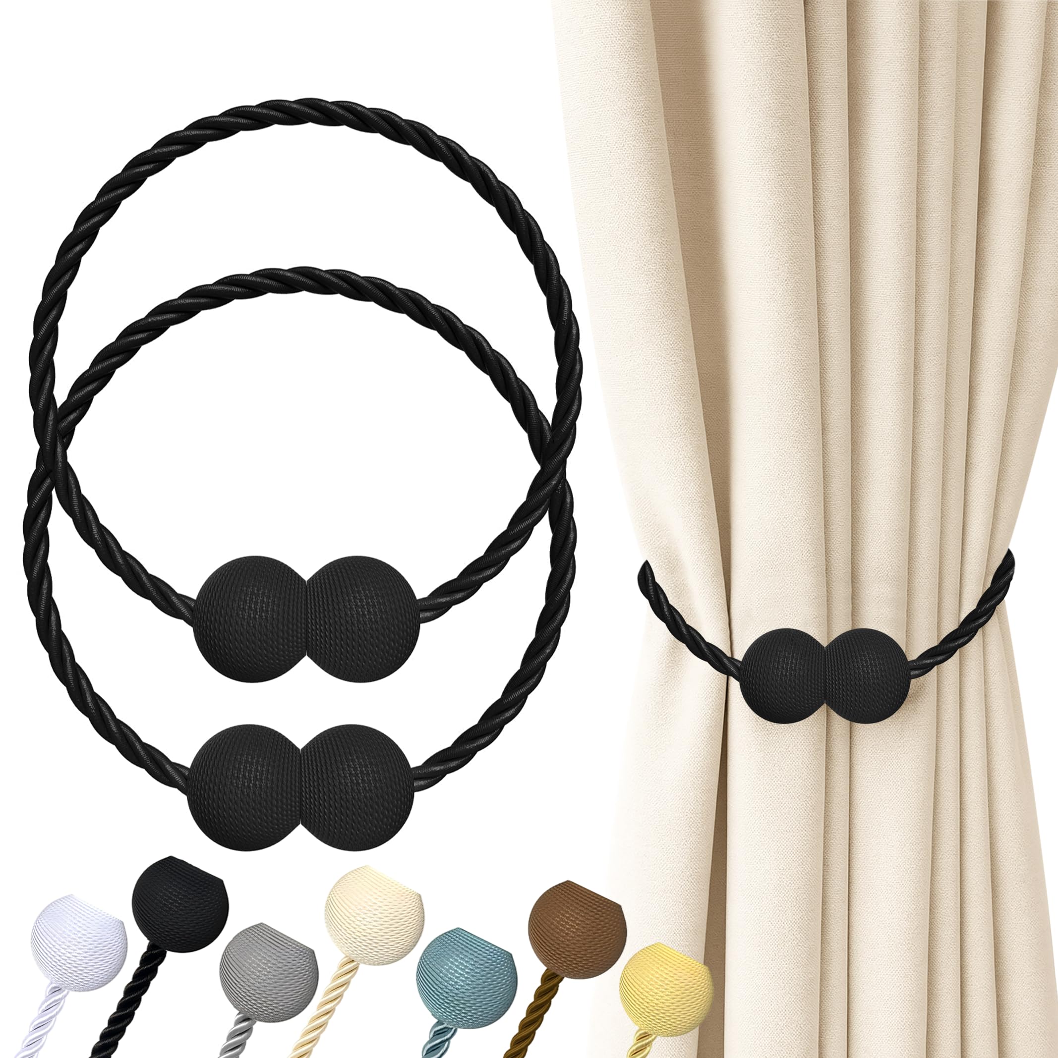Hion Magnetic Curtain Tiebacks Black 2pcs, Curtain Holdbacks Hooks Holders | Dec