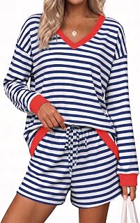 Ekouaer Set da salotto da donna, 2 pezzi, a maniche lunghe, casual, a righe
