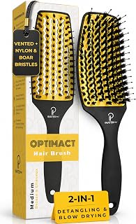 Boar Bristle Hair Brush Women | Curved-Vented Soft Paddle Brush for Thick Hair | Fine & Curly Hair | Boar Bristle Brush for Smooth & Shiny Hairs | Men, Women & Kids Hairbrush (Medium-Yellow)