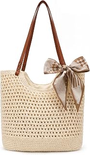 XZQTIVE Summer Khaki Beach Crochet Bags for Women Knit&Straw Woven Tote Soft Fabric Boho Shoulder Bag for Vacation Shopping