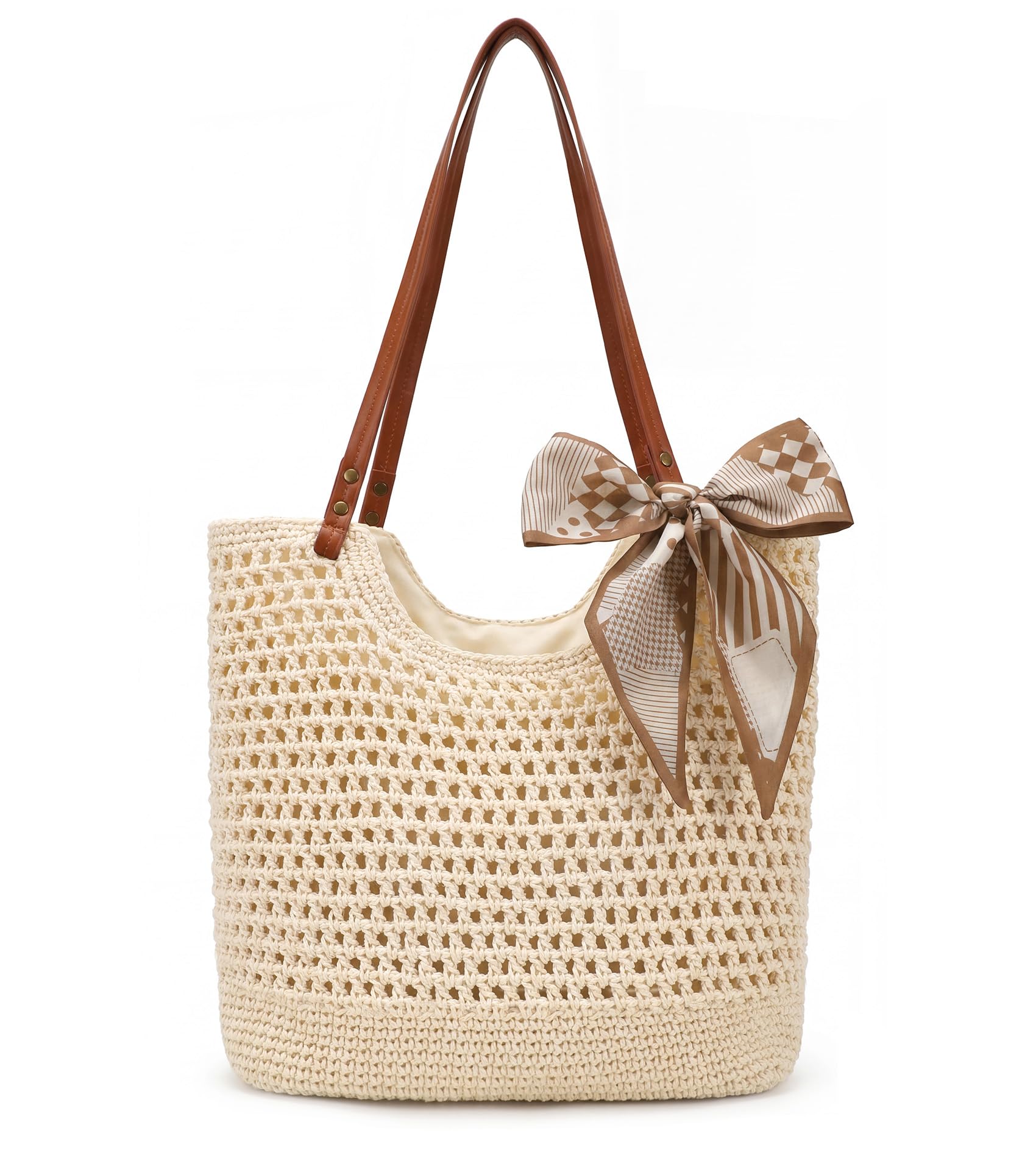 XZQTIVE Summer Khaki Beach Crochet Bags for Women Knit&Straw Woven Tote Soft Fab