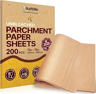 Katbite 200Pcs 12x16 In Unbleached Parchment Paper for Baking, Precut Parchment Paper Sheets, Heavy Duty Flat Baking Paper, Half Sheet Baking Sheets for Baking Cookies, Cooking, Air Fryer, Oven
