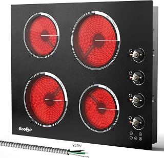 Cooksir 24 Inch Electric Cooktop 6000W 220V Built-in | 4 Burner 24 Inches Ceramic Stovetop Knob Control with Safety Lock, Pause, 99 Mins Timer, 240V Hard Wired (No Plug)