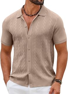 Coofandy Polo de Manga Corta con Botones para Hombre, Informal, Vintage, Verano, Playera