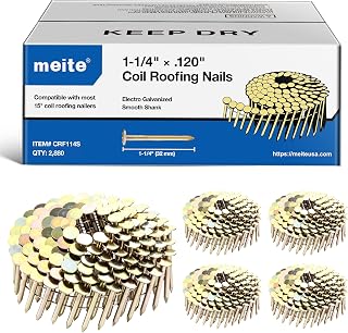 meite Roofing Nails 1-1/4 Inch 15 Degree Coil Nails Galvanized 2,880 Count | Full Round Head Wire-weld Collated Nails for Roofing Nailers, Rust-resistant, Asphalt Shingle Cedar Shakes Felt Underlayment