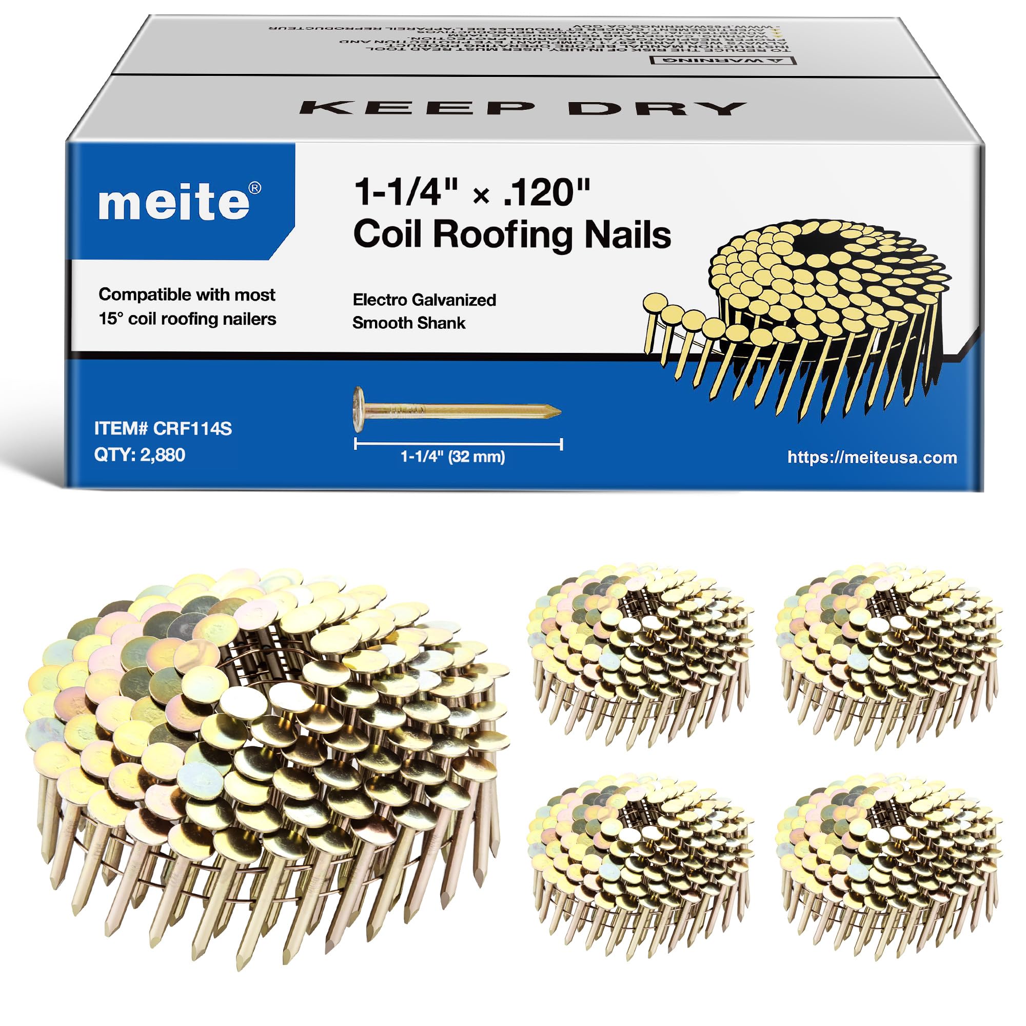 meite Roofing Nails 1-1/4 Inch 15 Degree Coil Nails Galvanized 2,880 Count | Ful