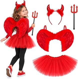 4pc Devil Costume Kids Accessories - Girls Halloween Outfit with Red Wings