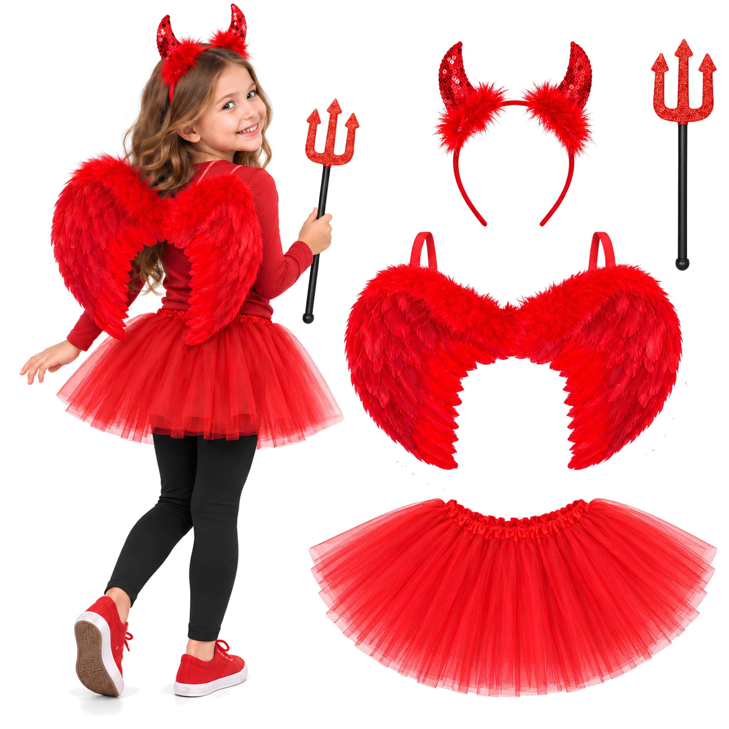 4pc Devil Costume Kids Accessories - Girls Halloween Outfit with Red Wings