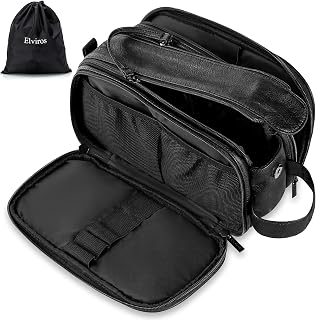 Elviros PU Leather Toiletry Bag for Men Water-Resistant | Water-Resistant Lining, Double Zipper Design, Multiple Compartments, Includes Wet Dry Bag, Side Carry Handle