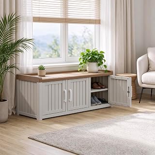 3 Doors Outdoor Shoe Storage Bench | Waterproof UV-Resistant Resin Cabinet, Entryway Organizer for Porch, Hallway, Beige