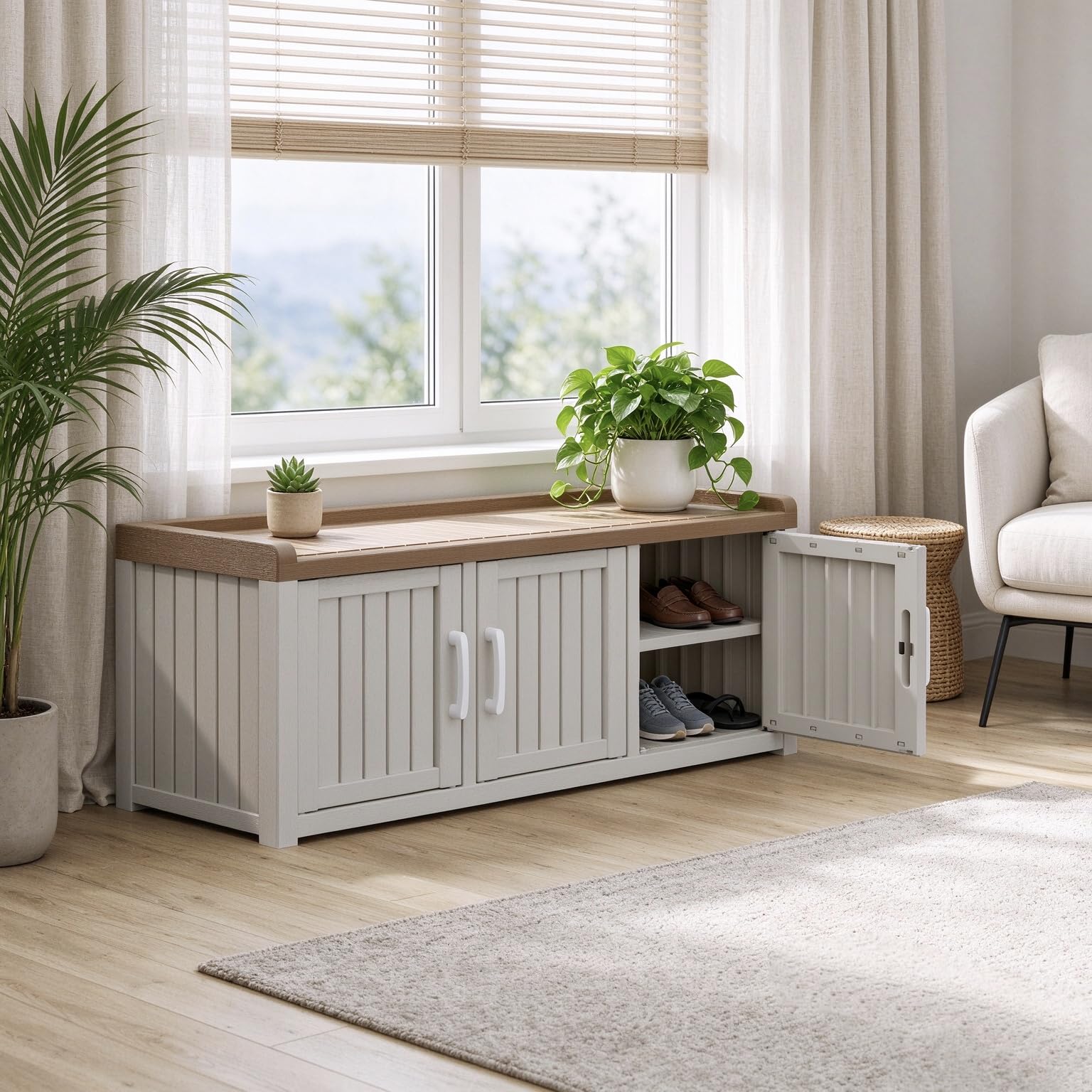3 Doors Outdoor Shoe Storage Bench | Waterproof UV-Resistant Resin Cabinet, Entr