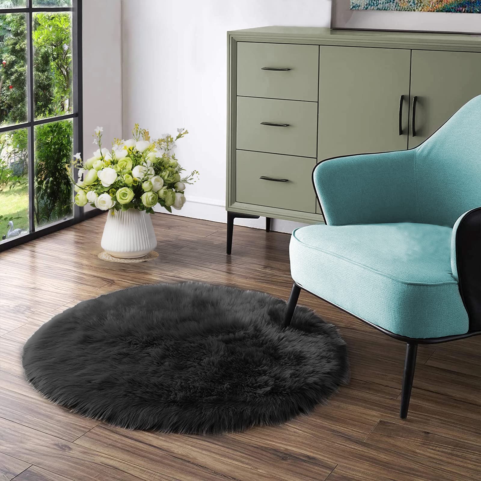Latepis Black Round Rug 3ft Small Circle Rugs for Bedroom Faux Fur Fluffy Sheeps