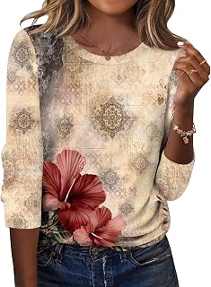 Zeagoo Women Tops 2025 Autumn Long Sleeve Shirts Round Neck Blouses Floral Tunic Blouses Button Decor