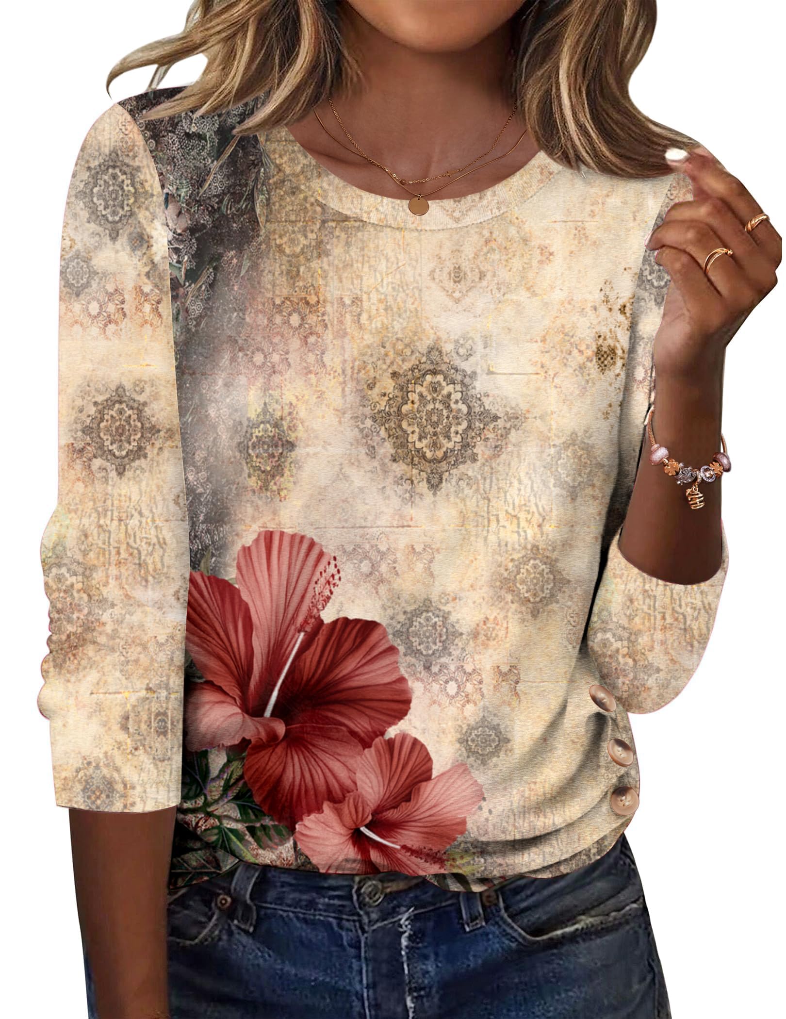 Zeagoo Women Tops 2025 Autumn Long Sleeve Shirts Round Neck Blouses Floral Tunic