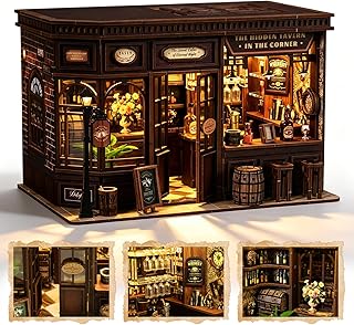 Corner Tavern Book Nook Kit, 3D Wooden Puzzle DIY Miniature House with Warm LED Light, Aesthetic Bookshelf Insert Decor for Adults & Teens
