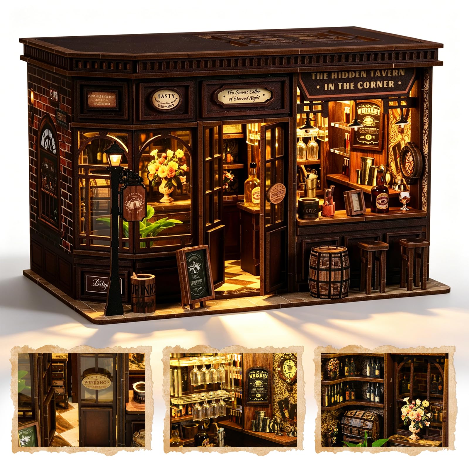Corner Tavern Book Nook Kit, 3D Wooden Puzzle DIY Miniature House with Warm LED 
