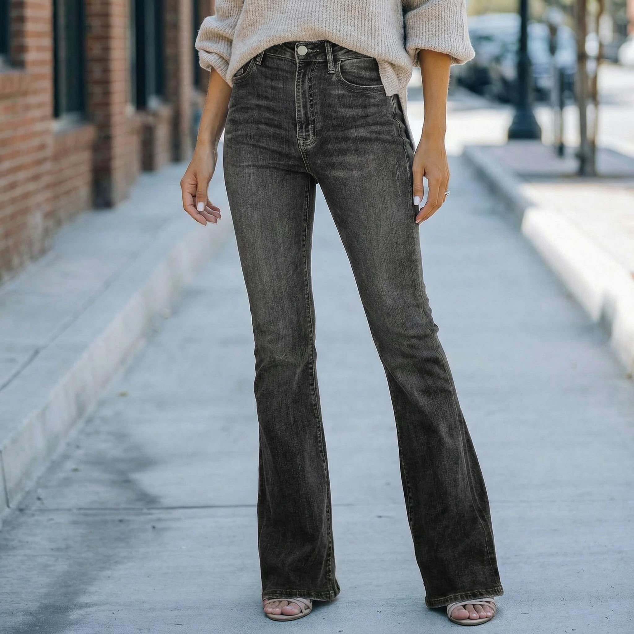 Women High Waist Flared Washed Stretch Bootcut Bell Bottom Wide Leg Jeans Fashio