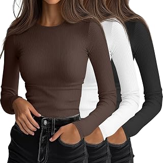Ficerd - Pack of 3 Women's Long Sleeve T-Shirts Slim Fit Round Neck Casual Ribbed Knit Tops