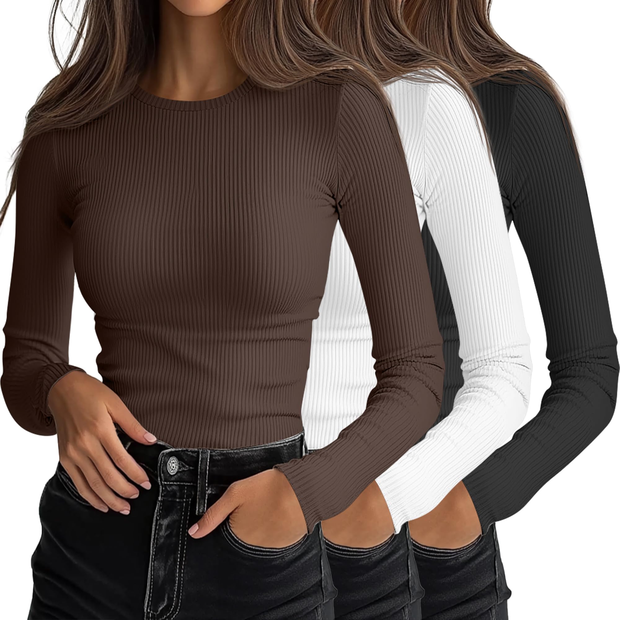 Ficerd - Pack of 3 Women's Long Sleeve T-Shirts Slim Fit Round Neck Casual Ribbe