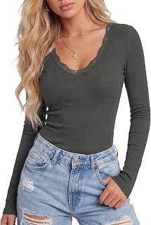 LYANER Women's Lace V Neck Long Sleeve Shirts