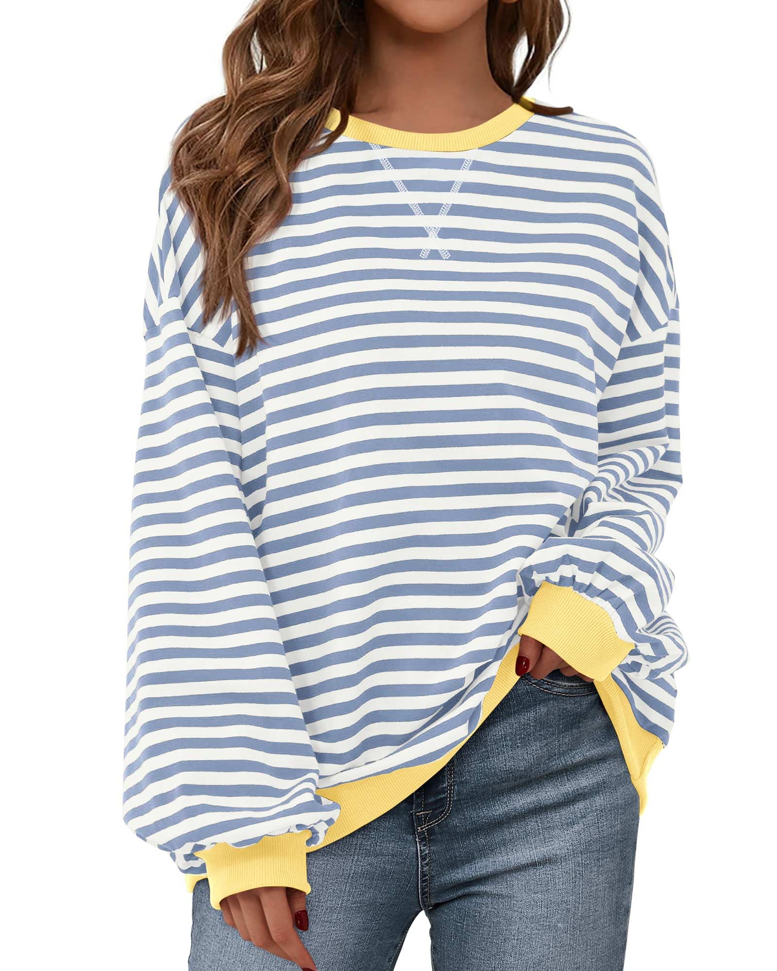 BTFBM Sweatshirt for Women Oversized Striped Long Sleeve Shirt | Stretchy Knit,C