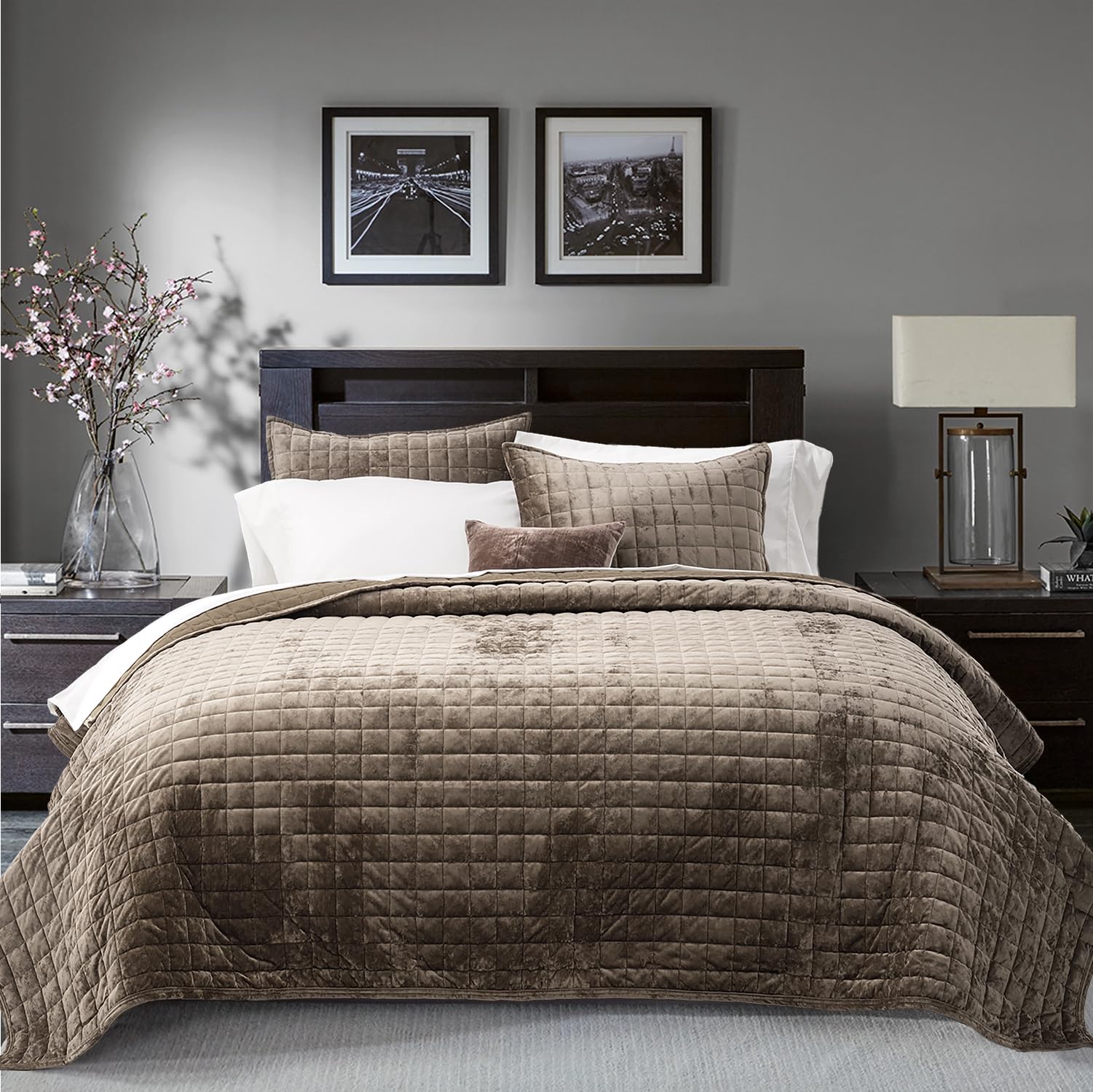 RECYCO Channel Box Stitch Velvet Quilt Set, King Size, Mocha Brown | Ultra Soft 