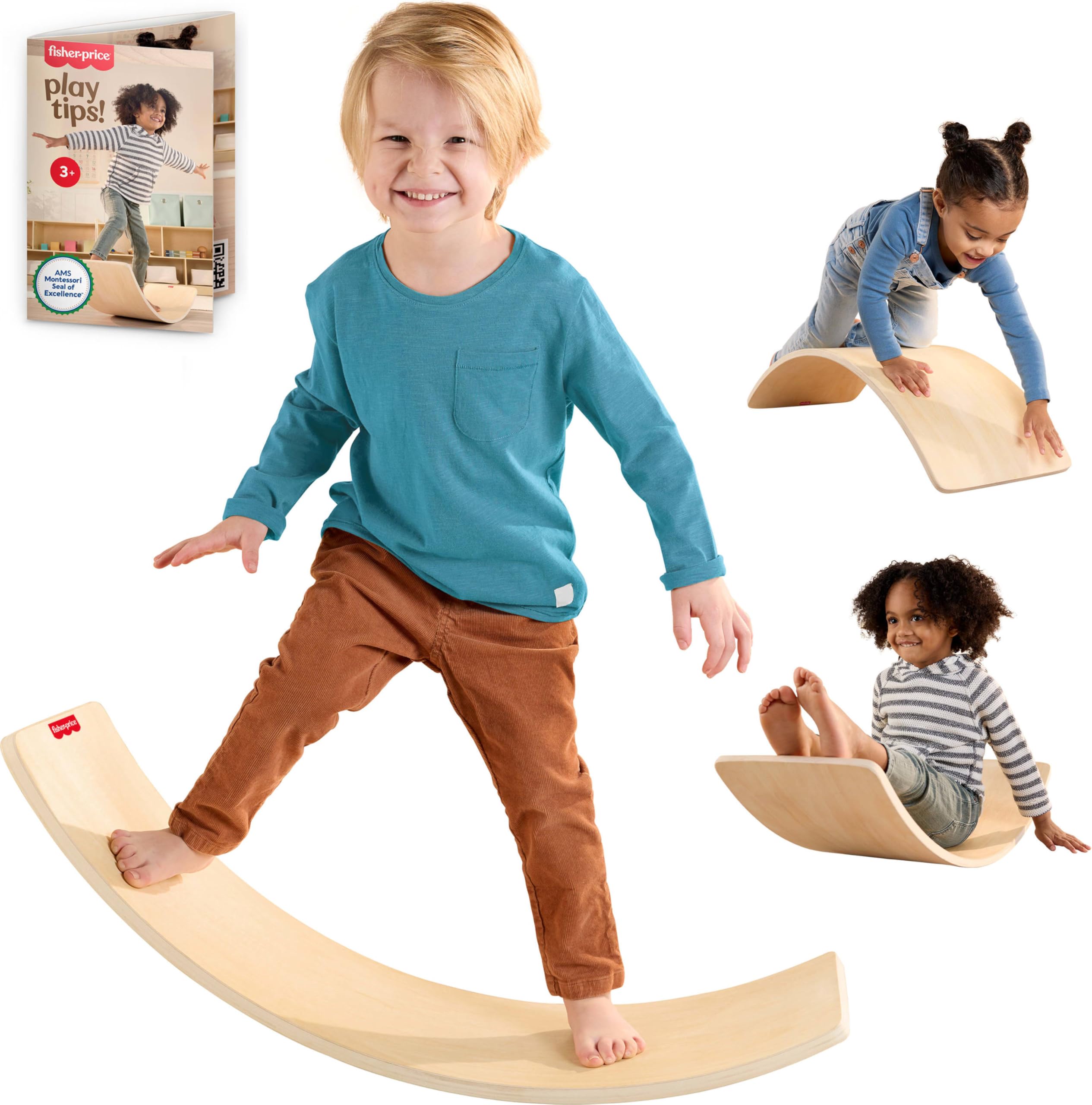 Fisher-Price Wood Montessori Rockin’ Balance Board, Kids Ages 3+ Years | 31.7 In