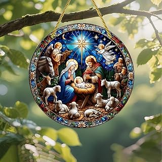 Colorful Acrylic Sun Catcher, Nativity Scene Stained Glass 7" Hanging Window Wall Art Decor, Stained Glass Style Design, Gift Ideas & Garden Ornament Indoor Outdoor Use