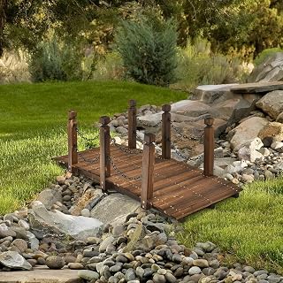 HAPPYGRILL 5FT Wooden Bridge with Safe Chain Railings | Decorative Small Arc Pond Bridge Landscaping Bridge, Garden Bridges for Outdoors, Backyard, Garden Farm, Courtyard