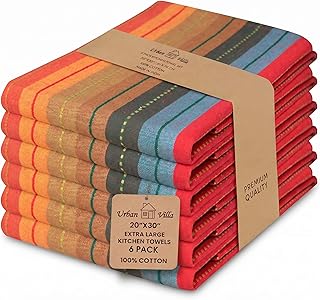 Urban Villa Kitchen Towels 100% Cotton Dish Towels for Kitchen (Set of 6) 20"x30" Highly Absorbent Kitchen Linen Set with Hanging Loop Dish Cloths Perfect for Drying Dishes Cleaning Towels - Red Multi