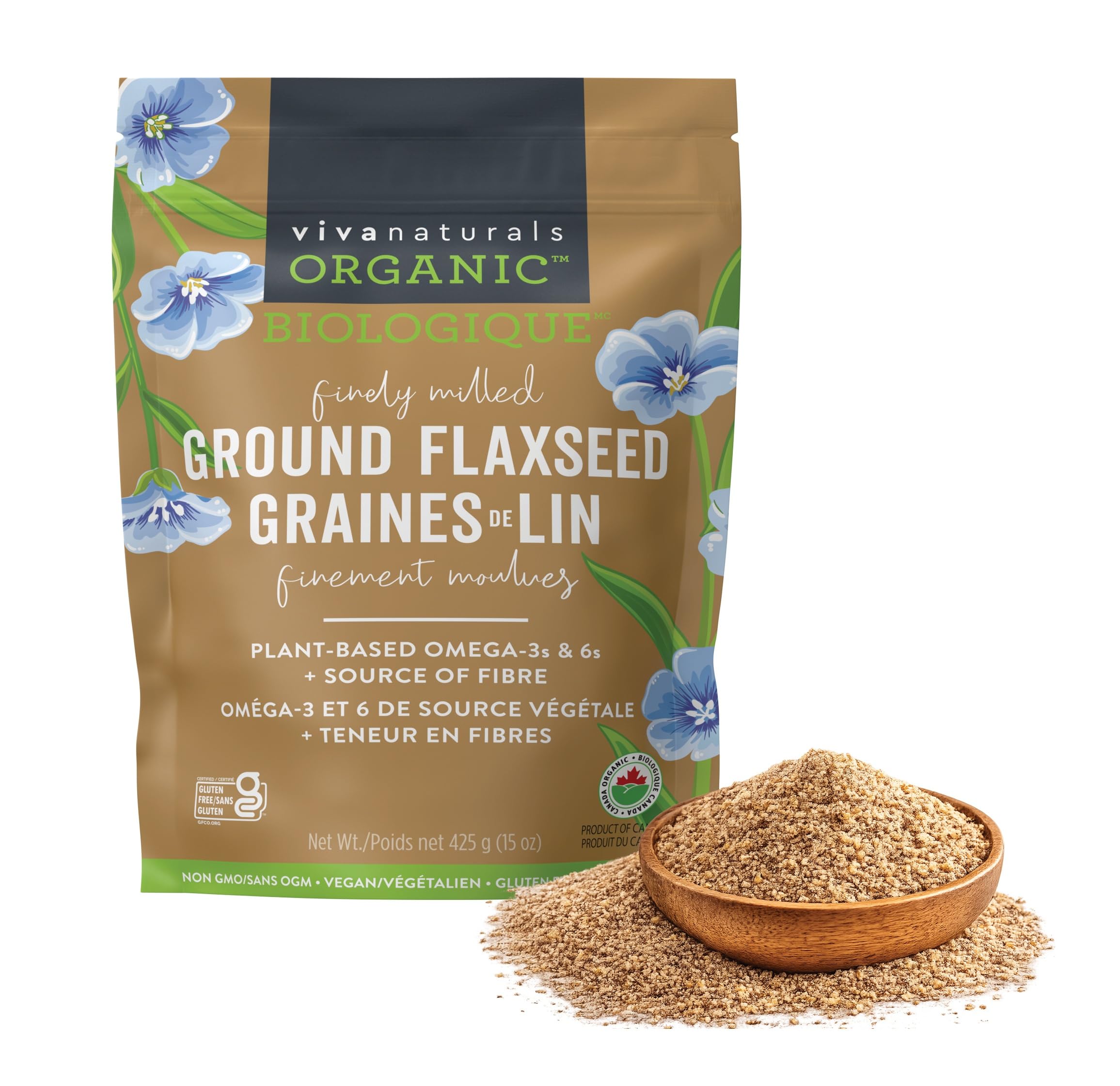Viva Naturals Canadian-Made Organic Ground Flaxseed, Vegan, Non-GMO, 15 oz