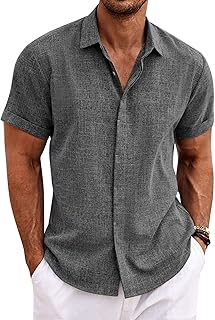 COOFANDY Men's Linen Shirt Short Sleeve Button Down Shirts Casual Regular Fit Summer Beach Linen Shirt