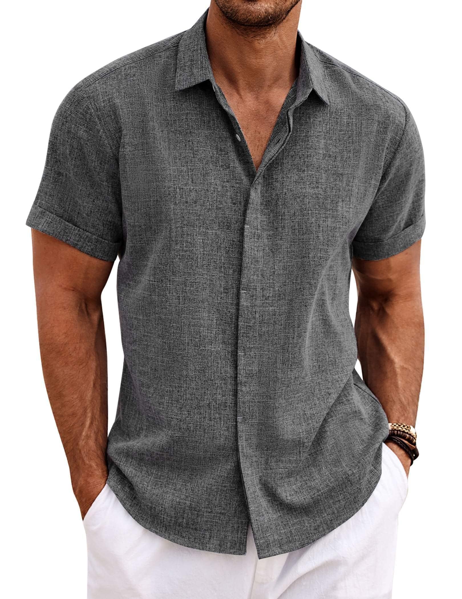 COOFANDY Men's Linen Shirt Short Sleeve Button Down Shirts Casual Regular Fit Su